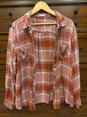 Maurices XXL Plaid Flannel Shirt Rust Pink Button Up Rayon Casual Layering Top